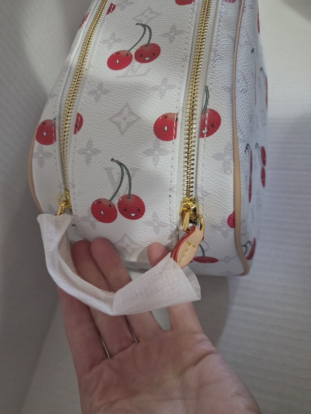 DISCOUNTED*** See Details. White Cherry Print Cosmetic Pouch - Picture 3 of 10